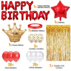 Golden And Red Happy Birthday Decoration Combo Kit With Banner, Balloons, Foil Curtain, Crown Foil 48Pcs For Birthday Decoration Boys, Kid With Decoration Service At Your Place