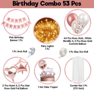 Happy Birthday Decorations For Girls -53Pcs Rose Gold Happy Birthday Decoration Items Kit- Curtain Net, Light, Cake Topper, Balloons, Banner ,Glue Dot, Arch/ Birthday Decoration Kit Items With Decoration Service At Your Place