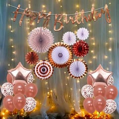 Rose Gold Birthday Decoration Kit Combo - 34Pcs With Fans, Bday Banner, Star Foil Balloon, Confetti Rubber Balloons, Led Lights With Decoration Service At Your Place With Decoration Service At Your Place