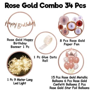 Rose Gold Birthday Decoration Kit Combo - 34Pcs With Fans, Bday Banner, Star Foil Balloon, Confetti Rubber Balloons, Led Lights With Decoration Service At Your Place With Decoration Service At Your Place