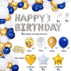 Happy Birthday Blue Decoration Kit Combo 58Pcs Banner, Balloon, Metallic, Confetti, Heart And Star Foil And Glitter Cake Topper For Celebration With Decoration Service At Your Place With Decoration Service At Your Place