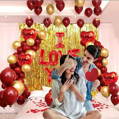 Elegant & Romantic Touch Of Red Gold I Love You Banner Balloons Perfect For Happy Decorations Kit Of 47Pc With Decoration Service At Your Place