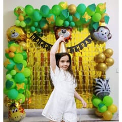 Forest Theme Birthday Party Decorations For Kids - 80 Pcs Combo - Bunting Animal Face Shape Foil, Chrome Rubber Balloons - Jungle Theme Birthday Decoration For Boy Or Girl  With Decoration Service At Your Place