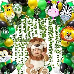 Jungle Safari Theme Exclusive Balloon Garland Kit With 12 Pieces Palm Leaves And 12 Pack Ivy Vines Leaf Garland Combo-78 Pcs With Decoration Service At Your Place