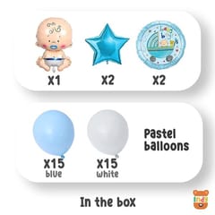 Set Of 35 Pcs -15 White,Blue Pastel Balloons,2 Printed Both Side Baby Boy,2 Blue Star ,A New Little Prince Foil Balloon For Kids New Born Baby Theme With Decorative Service At Your Place.