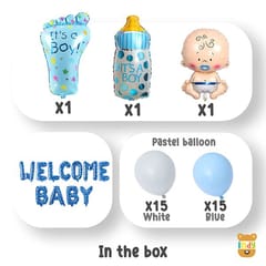 Baby Boy Welcome Decoration Kit For Home 44Pcs / Foil Baloons Baby Foot Bottle Shape Baloons For Kids Birthday Party New Born Baby Theme Decoration Kit, Blue  With Decorative Service At Your Place.