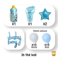 Set Of 41 Pcs -15 White,Blue Pastel Balloons, 1 Bottle, 2 Blue Star Foil Balloon, 1 Blue Foot, 8 Letter Baby Boy Balloon For Kids Birthday Party Theme Decoration Kit  With Decorative Service At Your Place.