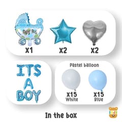 Set Of 42 Pcs -1 Blue Polka Dot Balloon , 15 White,Blue Pastel Balloons,1 Baby Boy Blue Pram,2 Blue Star,2 Silver Heart Foil Balloons For Kids Birthday New Born Baby Theme  With Decorative Service At Your Place.