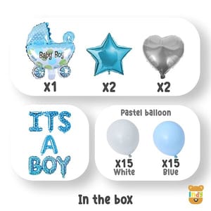 Set Of 42 Pcs -1 Blue Polka Dot Balloon , 15 White,Blue Pastel Balloons,1 Baby Boy Blue Pram,2 Blue Star,2 Silver Heart Foil Balloons For Kids Birthday New Born Baby Theme  With Decorative Service At Your Place.