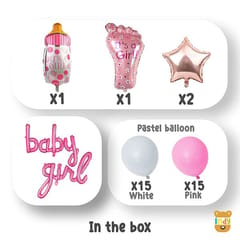 Set Of 42 Pcs Baby Girl Welcome Decoration Kit For Home / 15 White & 15 Pink Pastel Balloons, 1 Its A Girl! Welcome Pink Bottle , 2 Rosegold Star Foil Balloon, 1 Its A Girl! Welcome Pink Foot, 8 Letter Baby Girl Pink Foil Balloon For Kids Birthday Party New Born Baby Theme Decoration Kit  With Decorative Service At Your Place.