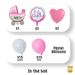 Set Of 35 Pcs -15 White,Pink Pastel Balloons,2 Printed Both Side Baby Girl,2 Pink Heart Foil Balloons,1 Baby Girl Pram Balloon For Kids New Born Baby Theme  With Decorative Service At Your Place.