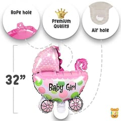 Set Of 35 Pcs -15 White,Pink Pastel Balloons,2 Printed Both Side Baby Girl,2 Pink Heart Foil Balloons,1 Baby Girl Pram Balloon For Kids New Born Baby Theme  With Decorative Service At Your Place.