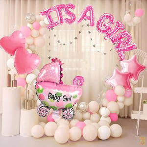 Set Of 43 Pcs Welcome Home Decoration Kit - 15 White,Pink Pastel ,1 Baby Girl, 2 Rosegold Star,Heart Foil Balloons,8 Letter For Kids New Born Baby Theme Decoration Kit  With Decorative Service At Your Place.