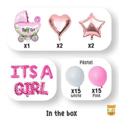 Set Of 43 Pcs Welcome Home Decoration Kit - 15 White,Pink Pastel ,1 Baby Girl, 2 Rosegold Star,Heart Foil Balloons,8 Letter For Kids New Born Baby Theme Decoration Kit  With Decorative Service At Your Place.