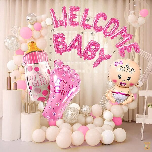 Baby Girl Welcome Home Decoration Kit, Foil Balloons, Baby Foot Bottle Shape Balloons For Kids Birthday Party Decoration Kit, Pink, 44Pcs  With Decorative Service At Your Place.