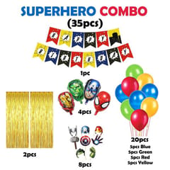 Super Hero Theme Birthday Decoration Combo Kit - 35Pcs Including Super Hero Theme Happy Bithday Banner, Foil Curtain, Super Hero Foil Balloons, Super Hero Theme Photobooth & 20Pcs Balloons With Decoration Service At Your Place