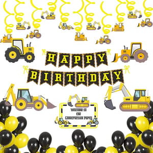 Construction Theme 1St Birthday Party Swirl Decoration Supplies Kit Including Jcb Posters Excavator Swirls Banner And Balloons (Yellow And Black) - Pack Of 56 Pieces  With Decorative Service At Your Place.
