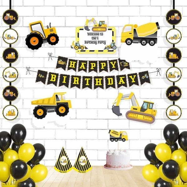 Construction Theme Birthday Decor For Boys 1St/2Nd Party Pack Including Kids Hats Banners Posters Danglers Cake Toppers And Balloons (Black And Yellow Kit Of 59 Pieces) With Decorative Service At Your Place.