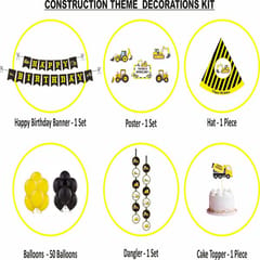 Construction Theme Birthday Decor For Boys 1St/2Nd Party Pack Including Kids Hats Banners Posters Danglers Cake Toppers And Balloons (Black And Yellow Kit Of 59 Pieces) With Decorative Service At Your Place.