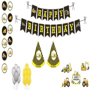 Construction Theme Birthday Decor For Boys 1St/2Nd Party Pack Including Kids Hats Banners Posters Danglers Cake Toppers And Balloons (Black And Yellow Kit Of 59 Pieces) With Decorative Service At Your Place.