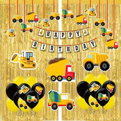 Construction Theme Birthday Decorations Items Combo Set - 47Pcs With Banner, Gold Foil Curtains,Cutouts,Balloons - Happy Birthday Decoration Kit For Girls / Boys Birthday Decorations  With Decorative Service At Your Place.