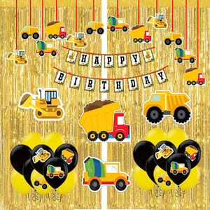 Construction Theme Birthday Decorations Items Combo Set - 47Pcs With Banner, Gold Foil Curtains,Cutouts,Balloons - Happy Birthday Decoration Kit For Girls / Boys Birthday Decorations  With Decorative Service At Your Place.
