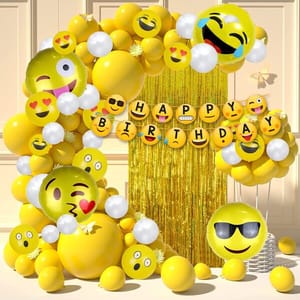 Emoji Theme Birthday Decoration Kit Combo - 38Pcs Bunting (Cardstock), Balloon, Foil Curtain, Foil Balloon Set For Kids, Boys,Girls Supplies/ Smiley Birthday Theme For Kids  With Decorative Service At Your Place.