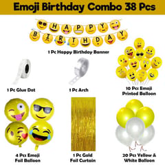 Emoji Theme Birthday Decoration Kit Combo - 38Pcs Bunting (Cardstock), Balloon, Foil Curtain, Foil Balloon Set For Kids, Boys,Girls Supplies/ Smiley Birthday Theme For Kids  With Decorative Service At Your Place.