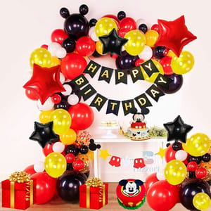 Mickey Mouse- Combo Pack Of 58 Pcs | 5 Pcs Star Foil Balloons | Happy Birthday Banner | 50 Metallic Balloons, Glue Dot & Tape- Theme Decoration Items With Decorative Service At Your Place.