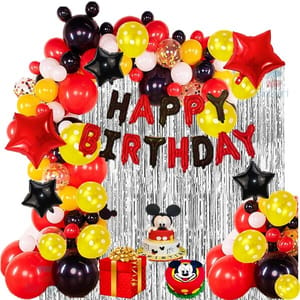 Mickey Mouse Theme Birthday Party Decoration Item Combo Pack Of 50, Mickey Happy Birthday Foil Banner, Foil Curtains, Mickey Foil Balloons Set, Metallic Balloons, Red And Black  With Decorative Service At Your Place.