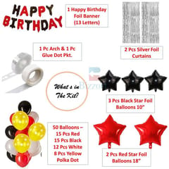 Mickey Mouse Theme Birthday Party Decoration Item Combo Pack Of 50, Mickey Happy Birthday Foil Banner, Foil Curtains, Mickey Foil Balloons Set, Metallic Balloons, Red And Black  With Decorative Service At Your Place.