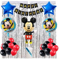 Mickey Mouse Theme Birthday Decorations Kit Combo Of 52 Pcs For Baby Kids Boys, Mickey Mouse Foil Balloons, Birthday Sash & Banner, Red & Black Balloons, Silver Curtains  With Decorative Service At Your Place.