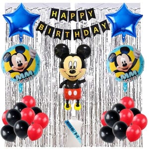 Mickey Mouse Theme Birthday Decorations Kit Combo Of 52 Pcs For Baby Kids Boys, Mickey Mouse Foil Balloons, Birthday Sash & Banner, Red & Black Balloons, Silver Curtains  With Decorative Service At Your Place.