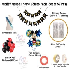 Mickey Mouse Theme Birthday Decorations Kit Combo Of 52 Pcs For Baby Kids Boys, Mickey Mouse Foil Balloons, Birthday Sash & Banner, Red & Black Balloons, Silver Curtains  With Decorative Service At Your Place.