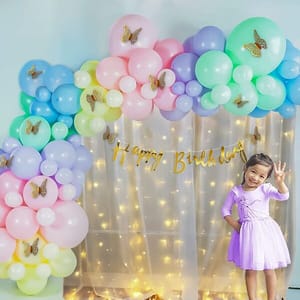 Pastel Rainbow Butterfly Theme Birthday Party Decorations Combo Kit Includes 81 Pcs- White Net Curtain Cloth With Fairy Lights And 3D Gold Butterfly, Birthday Decoration For Girls  With Decorative Service At Your Place.
