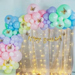 Pastel Rainbow Butterfly Theme Birthday Party Decorations Combo Kit Includes 81 Pcs- White Net Curtain Cloth With Fairy Lights And 3D Gold Butterfly, Birthday Decoration For Girls  With Decorative Service At Your Place.