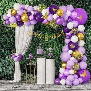 Purple , White & Gold Butterfly Theme Happy Birthday Diy Kit With White Tulle Net Cloth For Decoration- 83 Pcs With Gold Cursive Hbd Banner, Birthday Decorations For Girls  With Decorative Service At Your Place.
