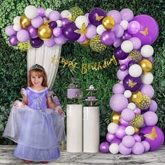 Purple , White & Gold Butterfly Theme Happy Birthday Diy Kit With White Tulle Net Cloth For Decoration- 83 Pcs With Gold Cursive Hbd Banner, Birthday Decorations For Girls  With Decorative Service At Your Place.