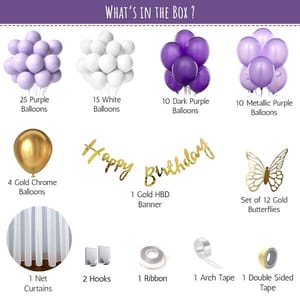 Purple , White & Gold Butterfly Theme Happy Birthday Diy Kit With White Tulle Net Cloth For Decoration- 83 Pcs With Gold Cursive Hbd Banner, Birthday Decorations For Girls  With Decorative Service At Your Place.