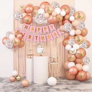 Rose Gold Birthday Decoration Kit - Pack Of 74 With Golden 3D Butterflies, Birthday Decoration Items With Latex & Rose Gold Confetti Balloons  With Decorative Service At Your Place.