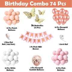 Rose Gold Birthday Decoration Kit - Pack Of 74 With Golden 3D Butterflies, Birthday Decoration Items With Latex & Rose Gold Confetti Balloons  With Decorative Service At Your Place.