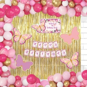 Butterfly Theme Foil Kit Birthday Decoration - Foil Curtains, Butterfly Posters, Banner And Balloons For Kids Birthday Decoration Items (108Pcs Kit)  With Decorative Service At Your Place.
