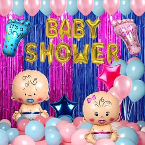 Baby Shower Golden Balloon Combo Decorations Set-52Pcs Latex, Star Foil Balloon, Baby Foot, Blue And Pink Theme Decoration With Foil Curtain For Maternity, Pregnancy  With Decorative Service At Your Place.