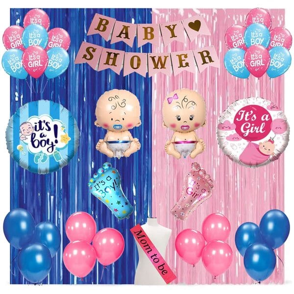 Baby Shower Decorations Combo Kit 64 Pcs, Baby Shape & Feet Foil Balloons Items, Pastel Foil Curtains, Mom To Be Sash, Metallic & Theme Balloons Decoration Props For Home  With Decorative Service At Your Place.