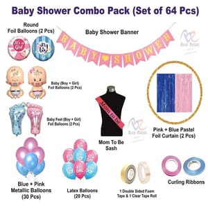 Baby Shower Decorations Combo Kit 64 Pcs, Baby Shape & Feet Foil Balloons Items, Pastel Foil Curtains, Mom To Be Sash, Metallic & Theme Balloons Decoration Props For Home  With Decorative Service At Your Place.