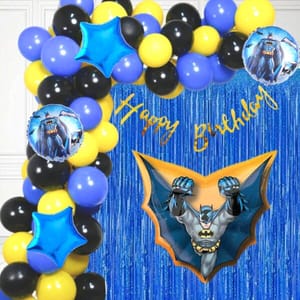 Batman Theme Decoration Combo For Boys And Girls Theme Birthday Party With Metallic Balloons | Batman Foil Balloons | Star Foil | Balloon Arc | Glue Dots - (Pack Of 70)  With Decorative Service At Your Place.