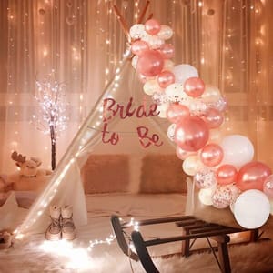 Bride To Be Decoration Set Combo/ Latex Balloons & Net Combo - 26Pcs Bride To Be Decoration With White Net Curtains Led Lights Rose Goldwhite Balloons For Cabana Tent Decoration  With Decorative Service At Your Place.