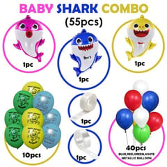 Baby Shark Theme Decoration Latex And Foil Balloons - 55Pcs Set Shark Printed Metallic Latex Balloon And Foil Balloons Kit (Multicolour) With Decorative Service At Your Place.