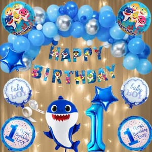64 Pcs 1St Birthday Decoration For Boys Theme Baby Shark First Year Birthday Decoration Led Light Decor Sea World Aquatic Shark Foil Balloon Garland  With Decorative Service At Your Place.