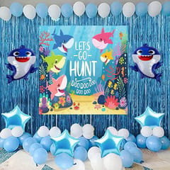 Baby Shark Party Decoration With Happy Birthday Backdrop Banner, Baby Shark Balloons And Curtains 49Pc With Decorative Service At Your Place.